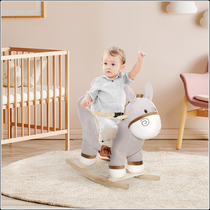 Chaise berçante pour enfants, âne à bascule en peluche avec son, siège à base de bois, ceinture de sécurité, jouet à bascule pour tout-petit de 18 à 36 mois