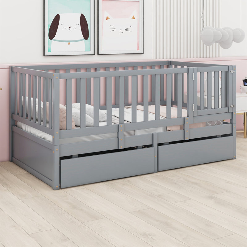 Lit plateforme avec garde-corps et 2 tiroirs, Gris