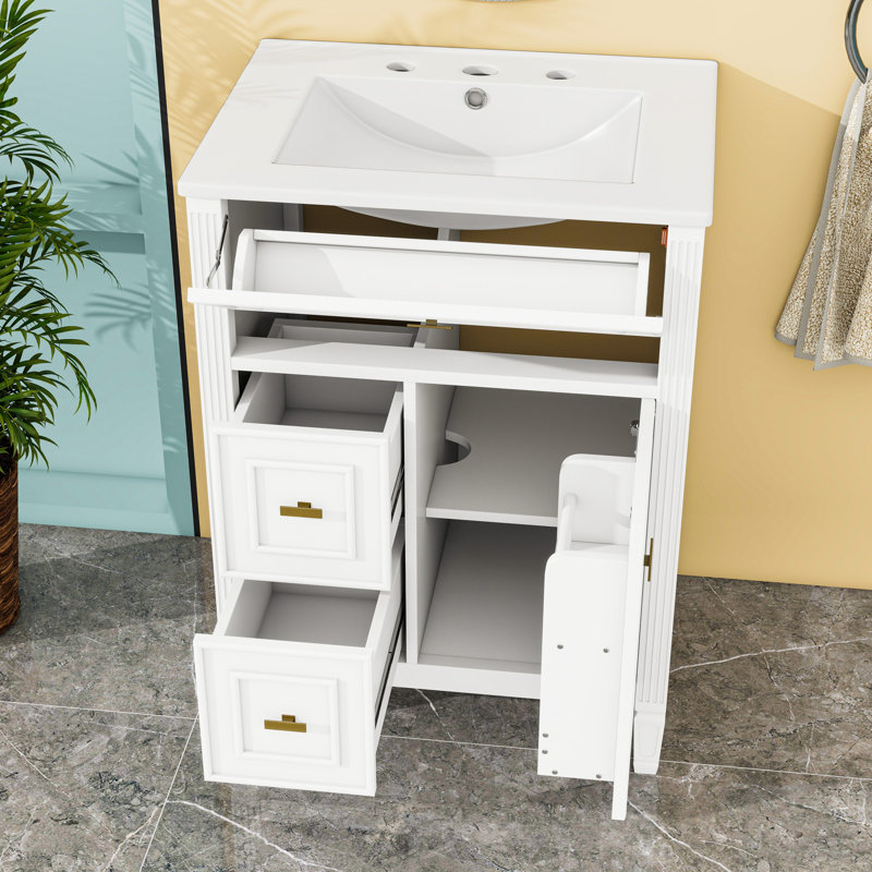 Meuble-lavabo avec lavabo, tiroirs et tablette réglable, Blanc