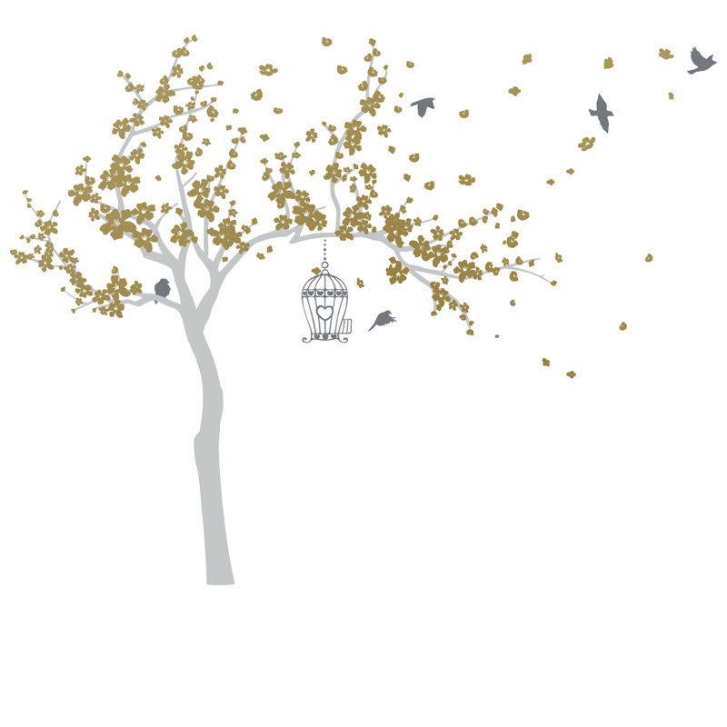 Décalcomanie murale Arbre en fleurs et oiseaux, H 72 po x l 92 po x p 0,01 po, Or