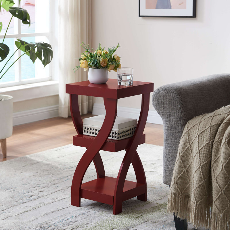Table de bout décorative en bois torsadé, table d'appoint à 3 niveaux avec tablettes de rangement ouvertes, table de chevet étroite ou table de canapé pour la chambre à coucher, le salon et le bureau - Rouge