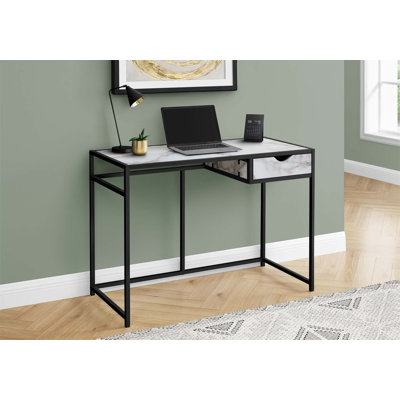 Bureau d'ordinateur moderne en stratifié d'aspect marbre avec tiroir de rangement, structure en métal mince pour les bureaux à domicile compacts