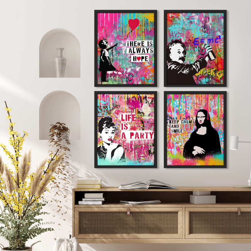 " Graffiti Street Art Banksy Style Mona Lisa Abstract " 4 - Pieces, 16" H x 12" W, Black