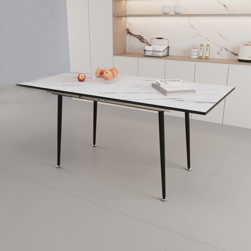 47" Expandable To 63" Inch MDF Square White Marble Patterned Dining Table, Modern Industrial Kitchen And Dining Table, Equipped With Tapered Black Metal Legs