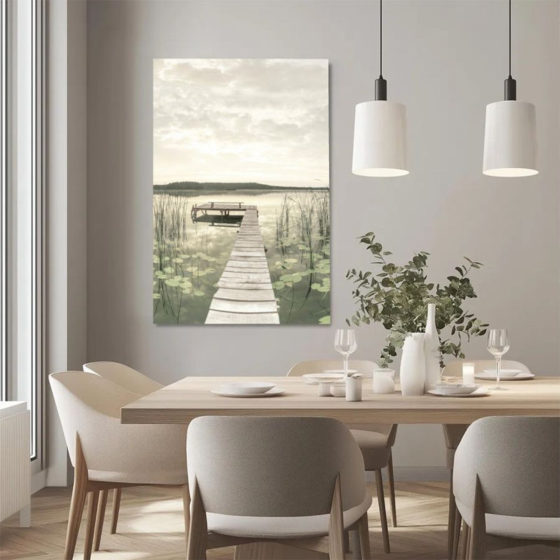 1pc, reproduction d'art sur toile encadrée, pont en bois au bord du lac, feuilles de lotus et roseaux, décor d'art mural de style naturel tranquille, parfait pour la décoration de la chambre salon chambre bureau cuisine salle de bain décor à la maison, cadeau de décoration murale idéal pour la maison