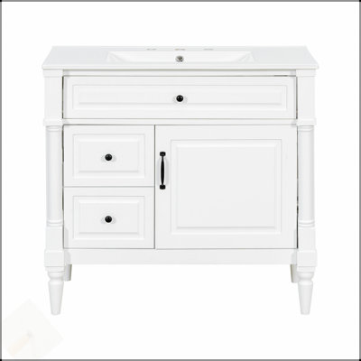 Meuble-lavabo autoportant de 36 pouces avec lavabo en céramique, tiroir rabattable, tablette réglable et structure en bois d'hévéa durable