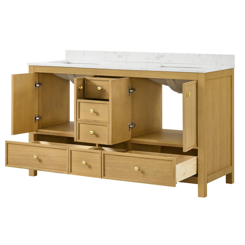 Meuble-lavabo double 60 po avec plateau en marbre d'ingénierie Aura, Caramel Oak, 60"