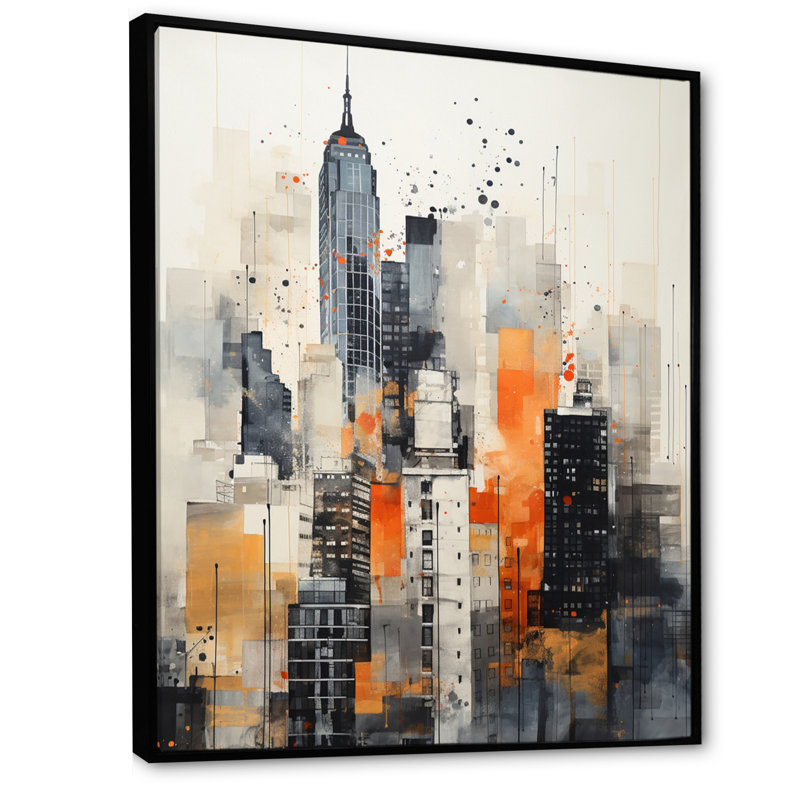 «Kirol Orange Grey Minimalisme Urban Rhythm II», reproduction sur toile, Cadre flottant noir, H 32 po x l 16 po x P 1 po