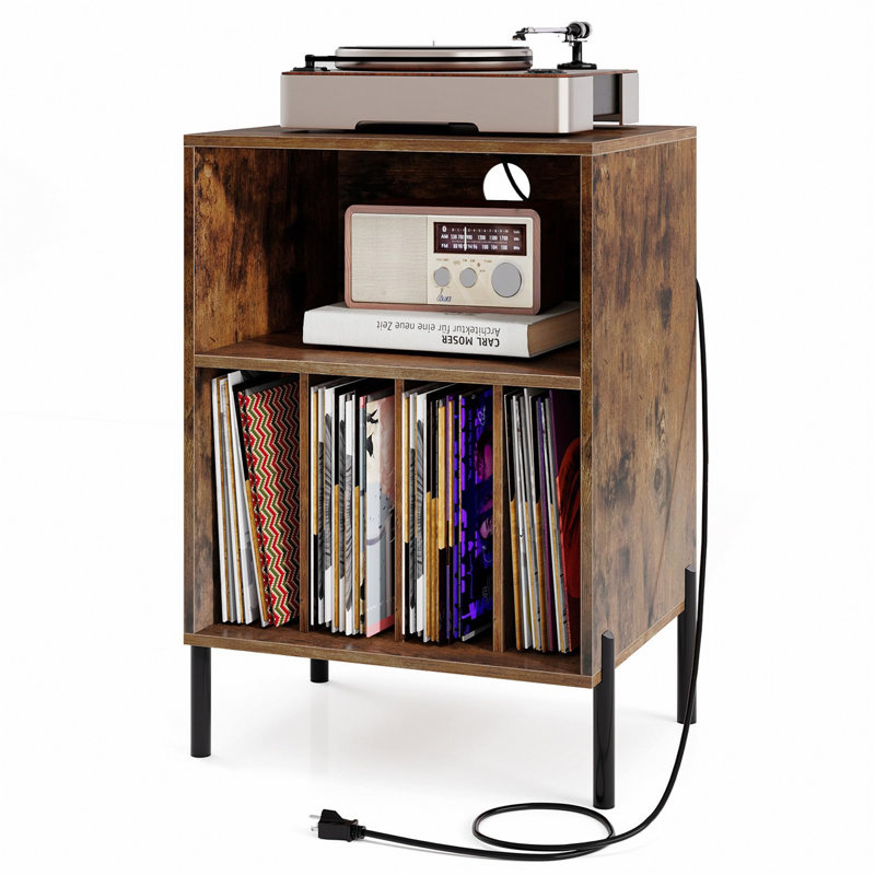 Record Player Stand With Charging Station, Holds 150 Albums, Rustic Brown, Brown