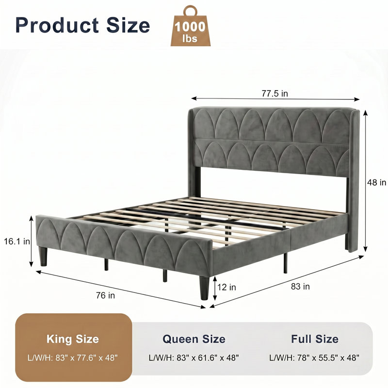 Lit tapissier Modern Modern, Gray, King
