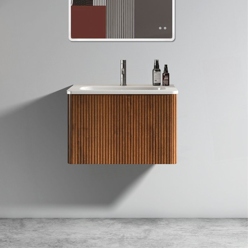 Etna 24" Striped Walnut Bathroom Vanity With White Ceramic Sink, Wall Mounted Floating Bathroom Vanity For Modern Bathroom, Pre-Assembled