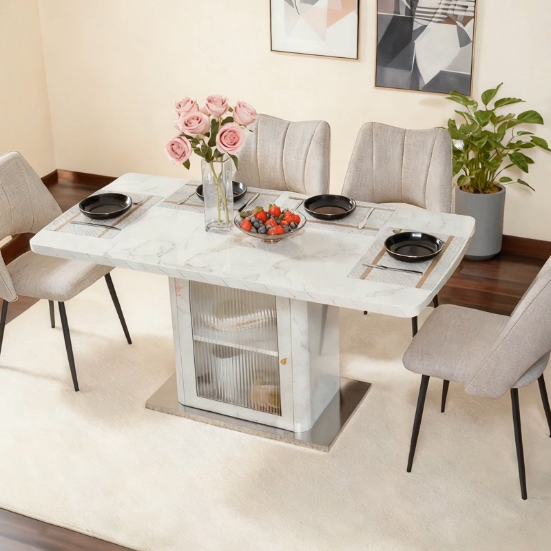 Table de salle à manger rectangulaire moderne de 47,24 à 63 po, extensible, avec plateau de table blanc imprimé et pieds de table de rangement 