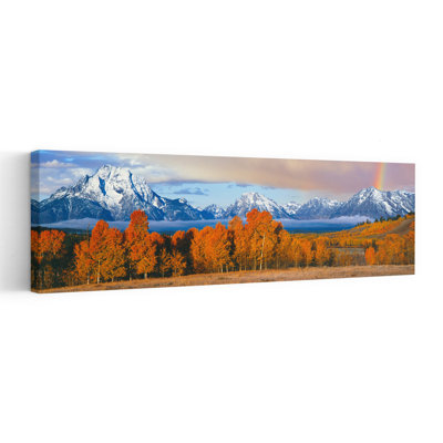 Autumn trees with mountain range in the background Oxbow Bend Teton Range Grand Teton National Park Wyoming USA 1 Piece Wrapped Canvas Panoramic Wall Art