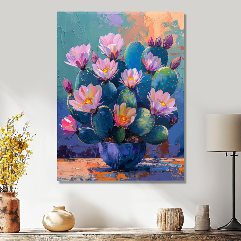 Cactus mauve et bleu, coucher de soleil Vibes II - Cactus floral, salon d'art mural, Métal métal, H 20 po x l 12 po x P 1 po