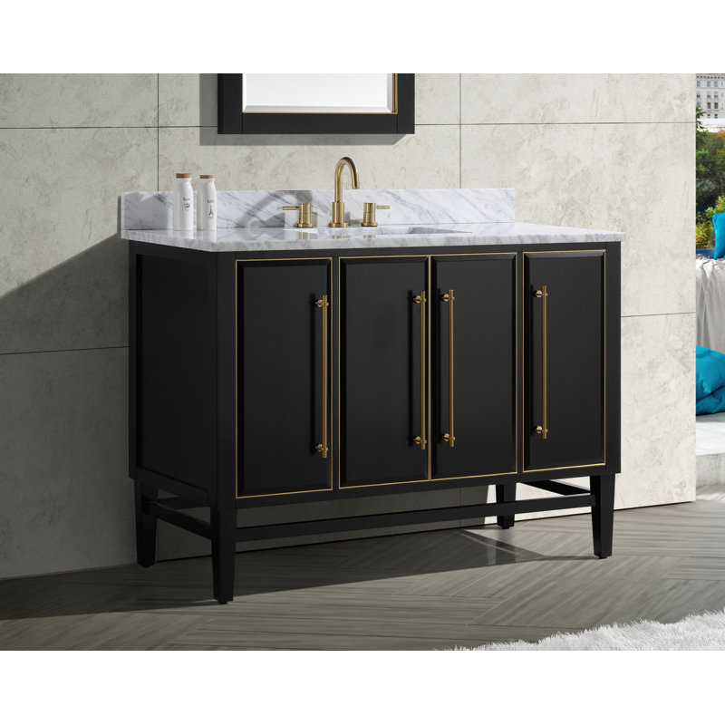 Ensemble de meuble-lavabo simple 49 po avec miroir Ewen, Noir, Or mat, Blanc de Carrare