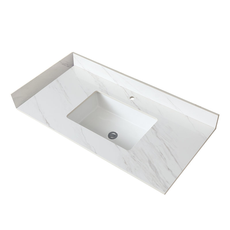 Dessus de meuble-lavabo blanc 43 po - Pierre frittée avec évier rectangulaire central et dosseret de 4 po avec trous pré-percés de 4 po et hauteur de robinet de 4 po