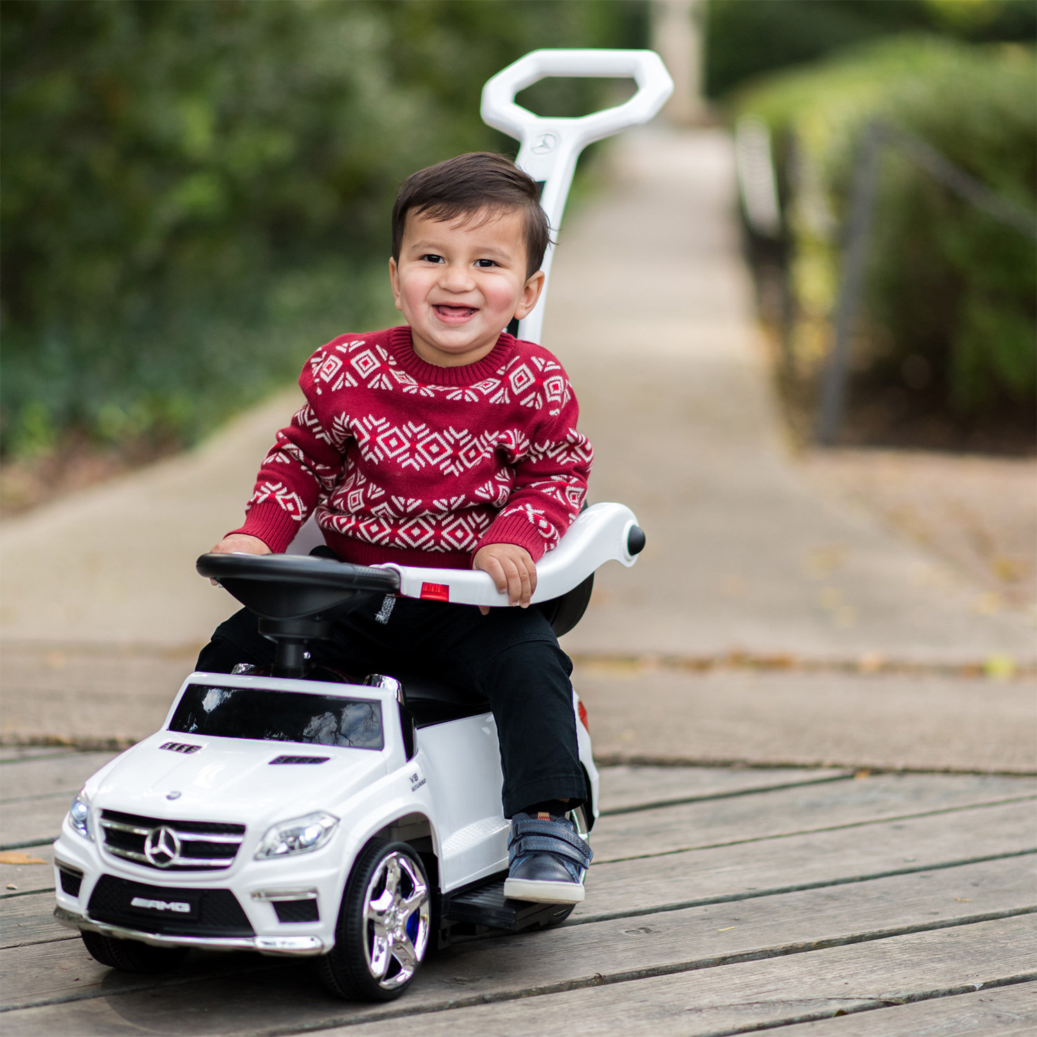 Best Ride On Cars Toddler 4-in-1 Mercedes Push Car Stroller Ride-On Toy with Horn Sounds, LED Lights, and Removable Handle - White