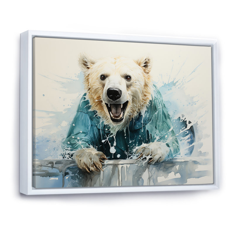 " Polar Bears Snowy Portrait ", White Floater Framed, 16" H x 32" W x 1" D