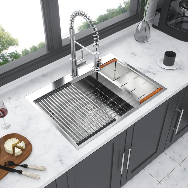 30 Inch Stainless Steel Topmount Single Bowl Kitchen Sink With Rust - Workstation, Customized 5 Pack Accessories, X Shaped Drainage, Sound Absorbing Pads Piece Water Guidelines,