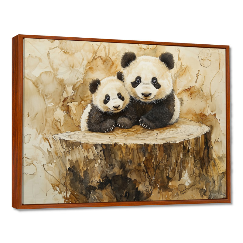 «Vintage Panda Family In The Forest II», art mural sur toile Panda, H 16 po x l 32 po, Reproduction avec cadre flottant, Brun