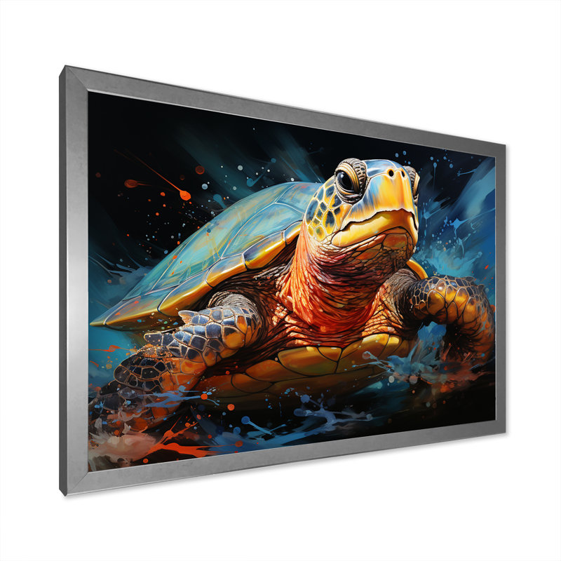 Représentation d'un voyage aquatique avec des tortues, Cadre simple argenté, H 24 po x l 32 po x P 1 po