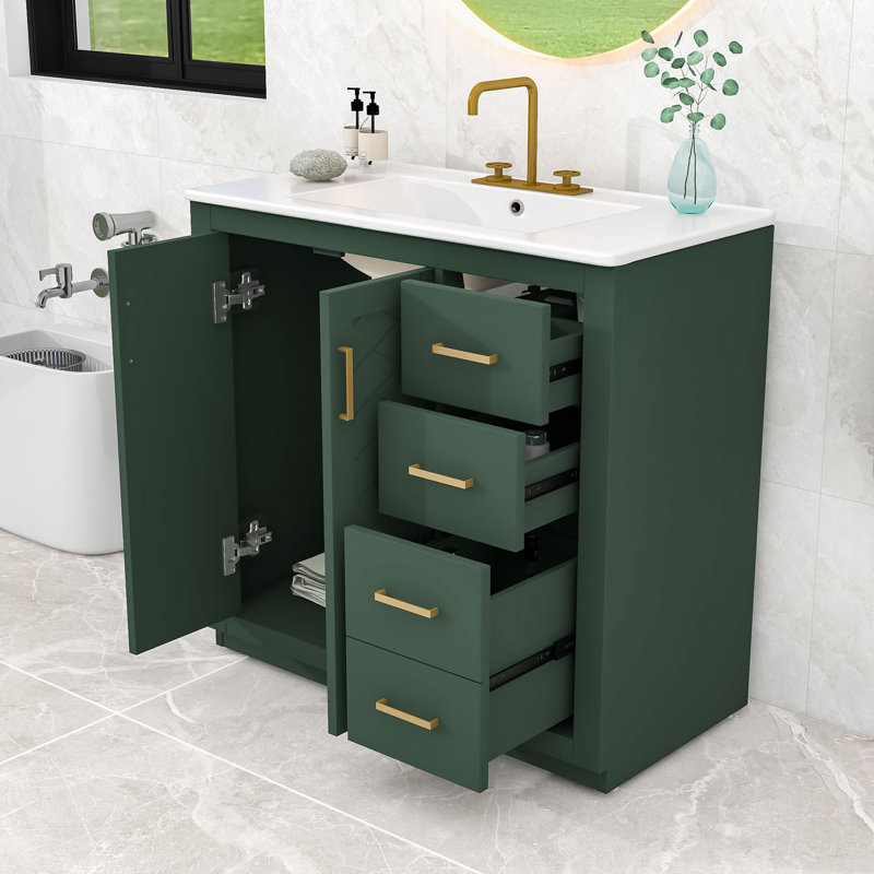 Bathroom Vanity with Ceramic Sink, 3 Drawers and Soft-Closing Doors Cabinet, Green
