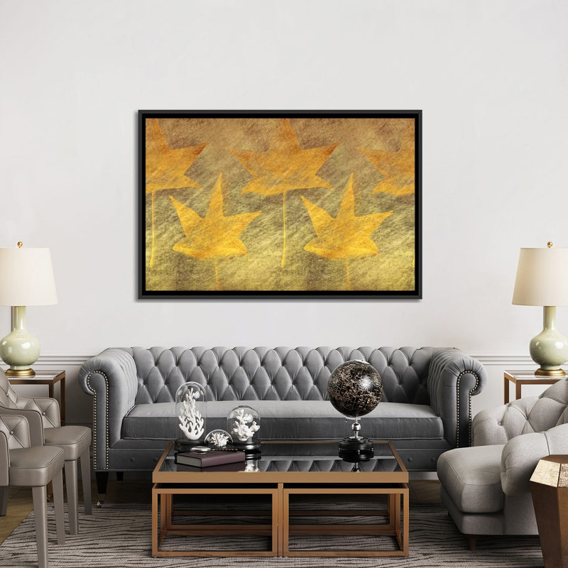 «Five Golden Leaves», impression sur toile, H 40 po x l 60 po x P 1,5 po, Toile avec cadre noir, Pas de tapis