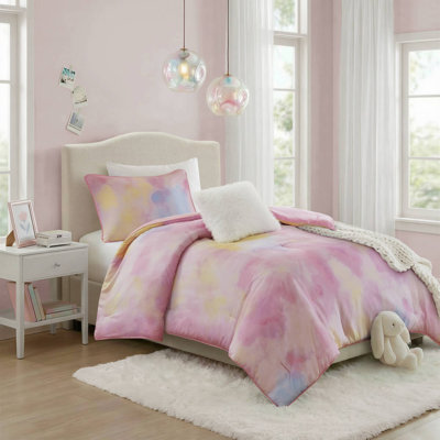 Cassiopeia Pink Watercolor Tie Dye Printed 3-Piece Twin/Twin XL Comforter Set with Throw Pillow