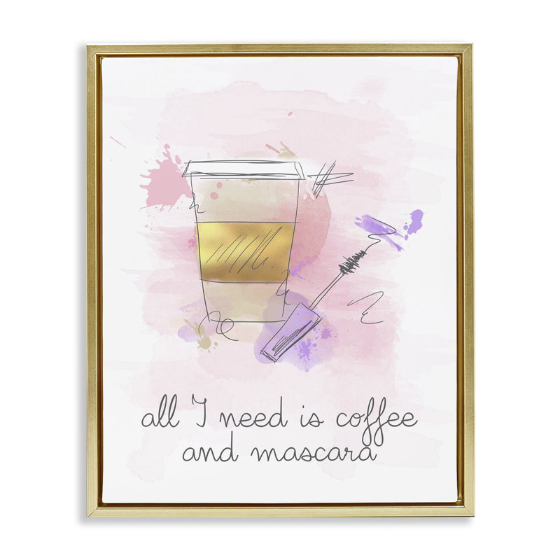 «Need Coffee & Mascara», art mural encadré par Anna Quach, Cadre flottant métallique doré, H 21 po x l 17 po