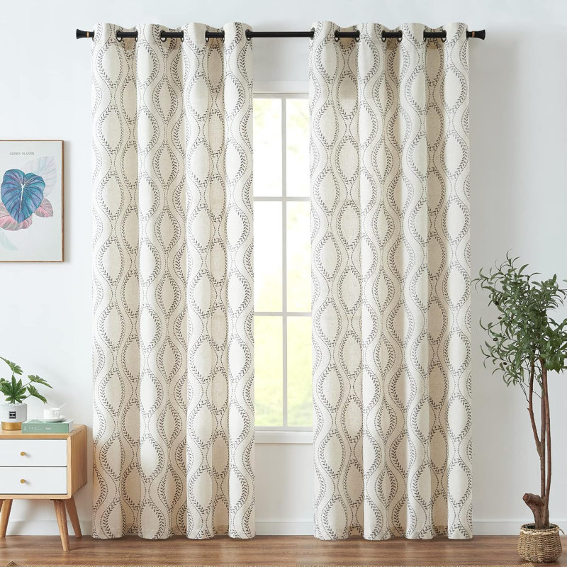 Linen Farmhouse Curtains Embroidered Leaf Curtains for Living Room, Gray, 50" W x 96" L