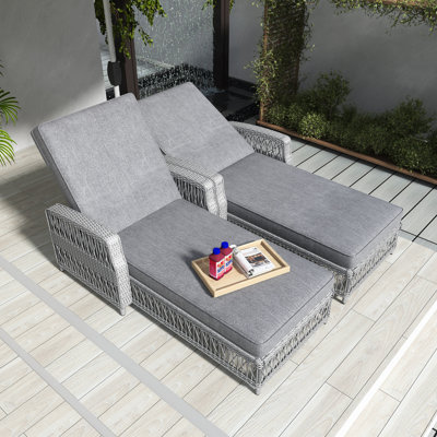 Gray 2 Pieces Long Reclining Chaise With Soft Removable Cushions, Outdoor Wicker Lounge With Armrests, Patio Adjustable Recliner