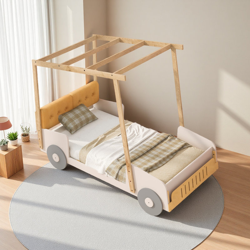 Lit voiture en bois avec coussin, toile de plafond, Lit simple