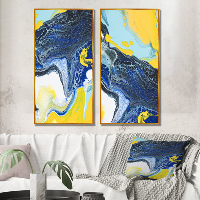 «Dark Blue and Yellow Marble Art», ensemble de 2 peintures sur toiles