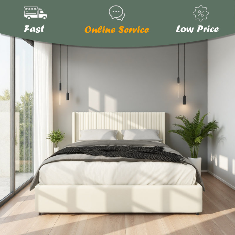 Lit plateforme tapissier à deux tiroirs avec grand lit et rangement à 2 tiroirs en velours ivoire, tête de lit de conception moderne avec canal serré, support de matelas à lattes en bois sans sommier