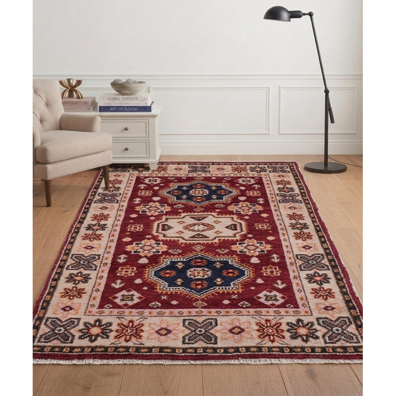 Tapis d'intérieur rectangulaire oriental en soie et laine crème et rouge, noué à la main, fait main, Rectangle de 5 pi x 8 pi