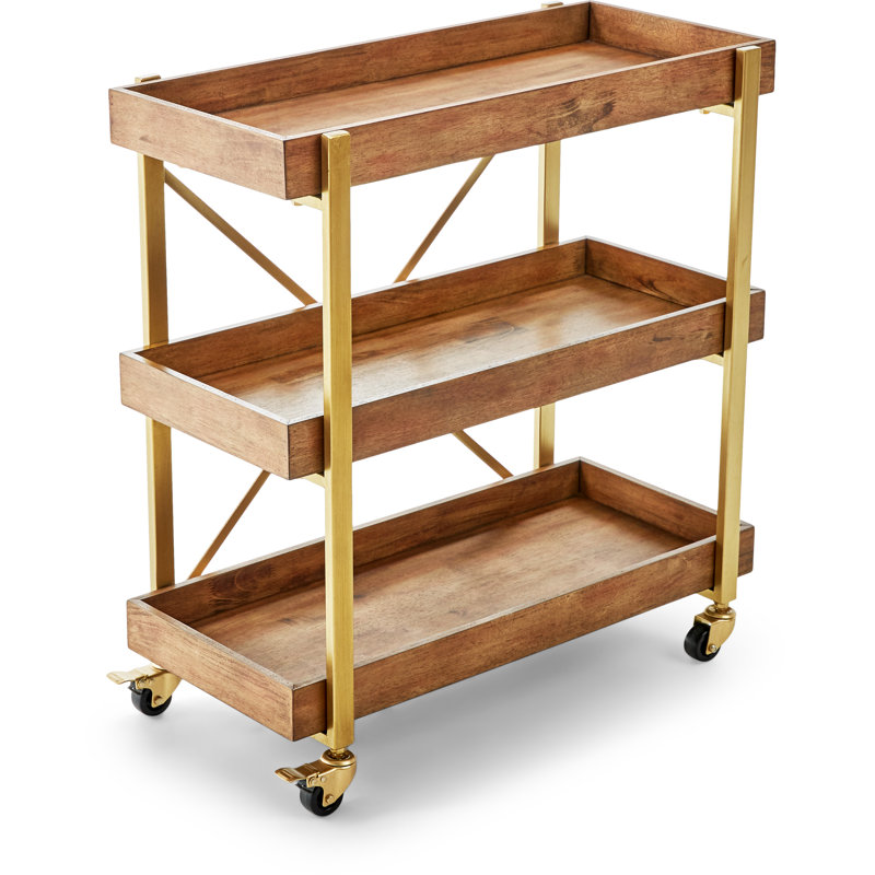 Adore Decor Riley 3-Tier Bar Cart, Wooden Shelves with Metallic Accents, Gold