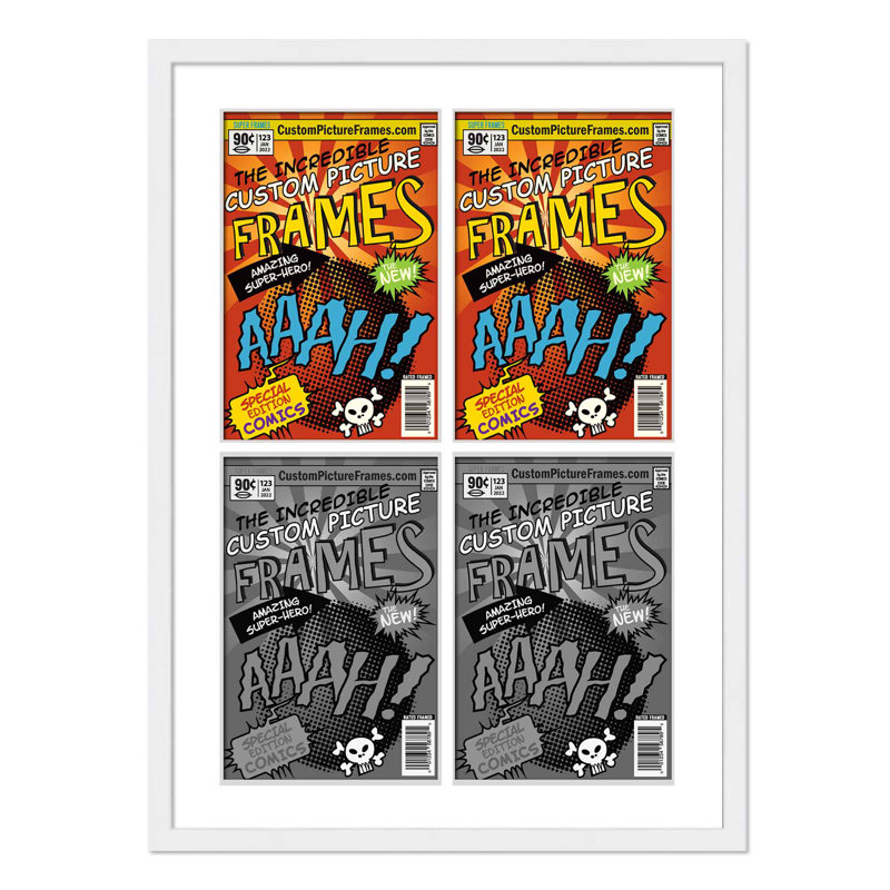Cadre de bande dessinée avec passe-partout - 4 ouvertures pour afficher 4 bandes dessinées dans une grille 2 x 2 avec acrylique UV, support et quincaillerie