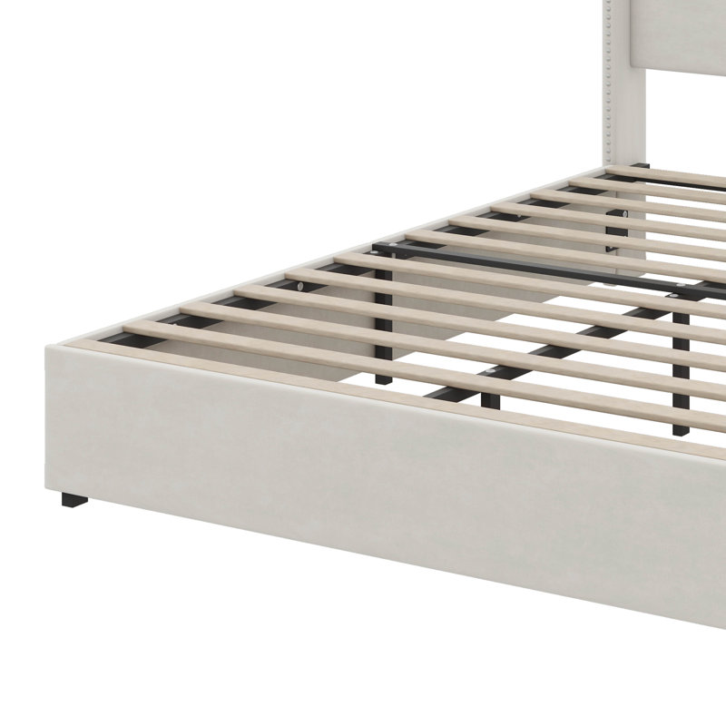 Structure de lit double capitonnée en velours pleine grandeur, équipée d'un port USB et d'une veilleuse, lit plateforme à oreilles avec tablette de tête de lit intégrée