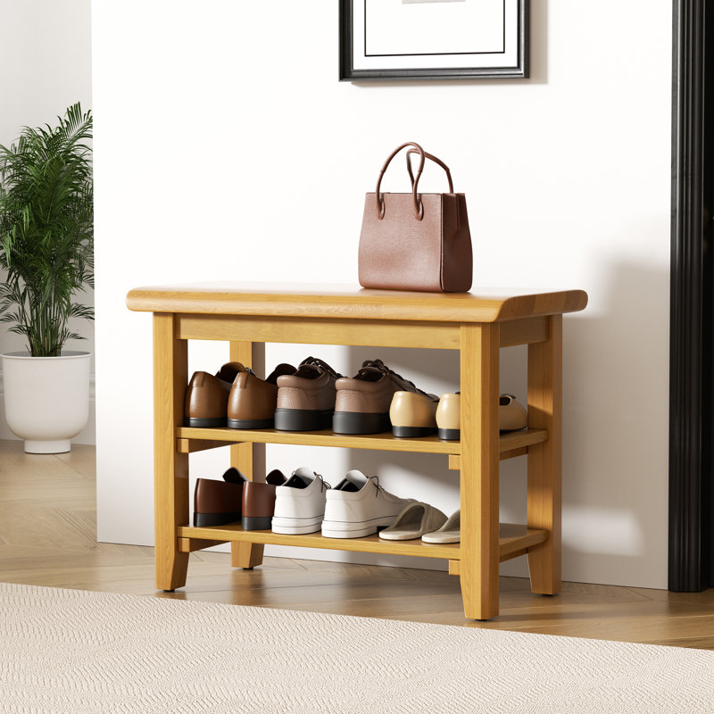 Banc de rangement pour chaussures en bois massif à finition naturelle, Naturel, H 16,5 po x l 47,2 po x P 11,8 po