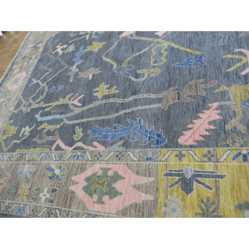 Tapis oriental bleu Oushak noué à la main bleu / vert clair / rose