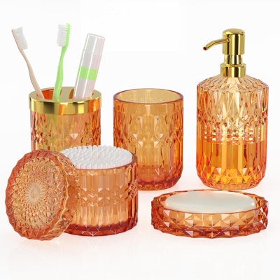 Orange Glass Bathroom Accessories Set 5 Pcs, Orange Bathroom Set, Soap Dispenser and Toothbrush Holder Set, Qtip Holder Set, Vintage Bathroom Sink Set