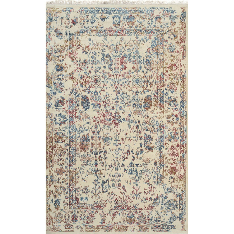Ivory Machine Made Wool Viscose Faded Floral Border Geometric Modern Contemporary Carpet Rug, 5' x 8'
