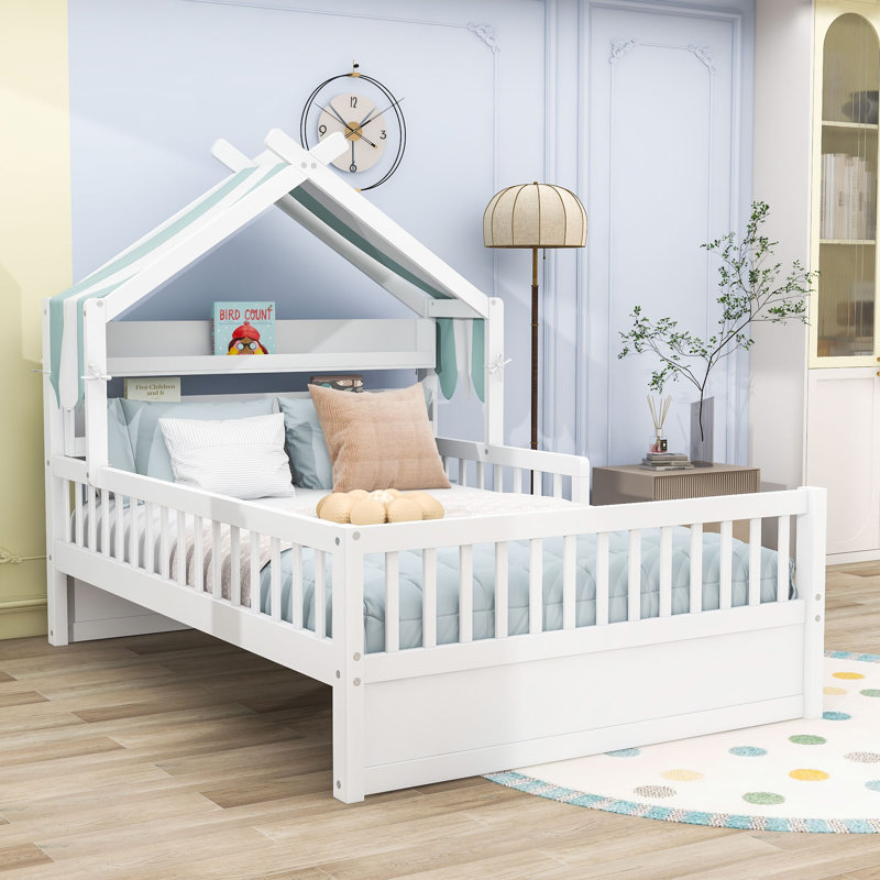 Wooden House Bed with Safety Guardrail, Full, White