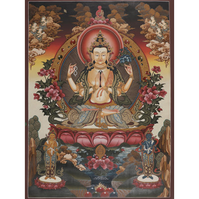 Kharchari Thangka sans brocart | Art mural bouddhiste tibétain peint à la main | Décoration de bienveillance et de protection en or 24 carats (35,8 po x 26 po)