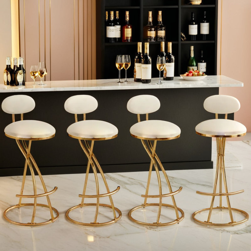 S-Shaped Upholstered PU Round Bar Stools With Footrest (Set of 2), Cream Leather/Gold Frame