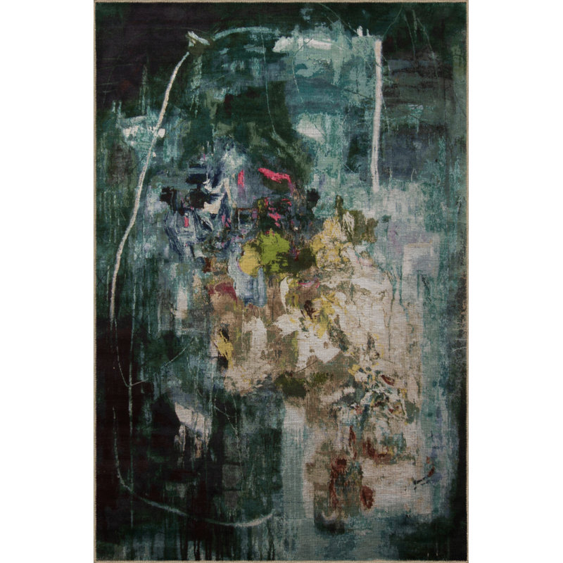 Green Themed Multicolored Abstract Patterned Modern Decorative Carpet, Runner 2'8" x 6'7"