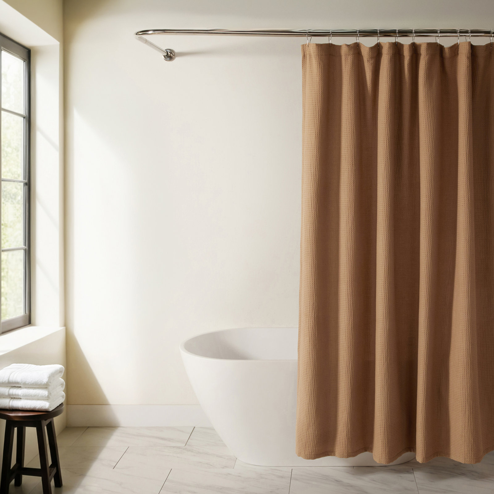 Waffle Textured Cotton Blend Shower Curtain, Brown