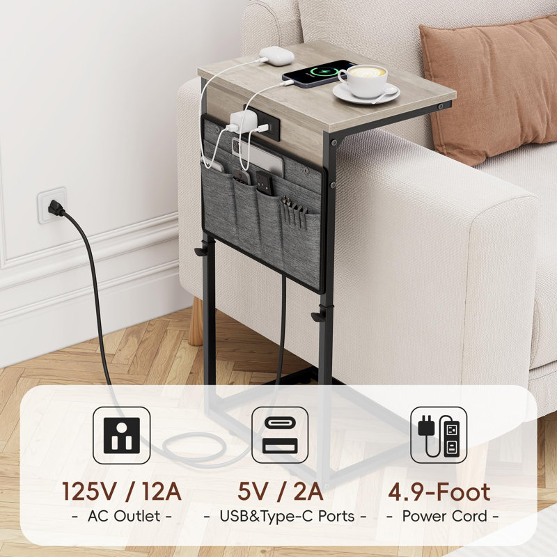 C Shaped End Table With Charging Station, 33" Tall Side Table For Couch, C Table Adjustable Height Small Couch Side Table, Slide Under Sofa Table TV Tray Arm Table For Living Room, Greige