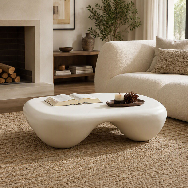 Table basse - Faux travertin texturé - Moderne - pour le salon / bureau, Blanc