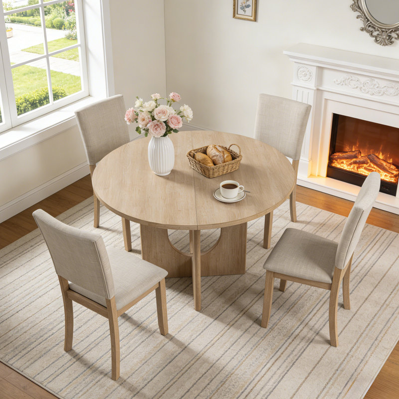 Modern 5-Piece Solid Wood Dining Table Sets For 4, Kitchen Table Set With 4 Upholstered Chairs, Natural